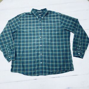 Eddie Bauer Mens Relaxed Fit Wrinkle Free Green Plaid Shirt 2XL Casual Holiday
